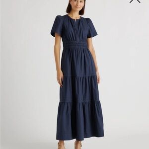 Quince Womens 100% Organic Cotton Poplin Tiered Maxi Dress Navy Basic Sleeved